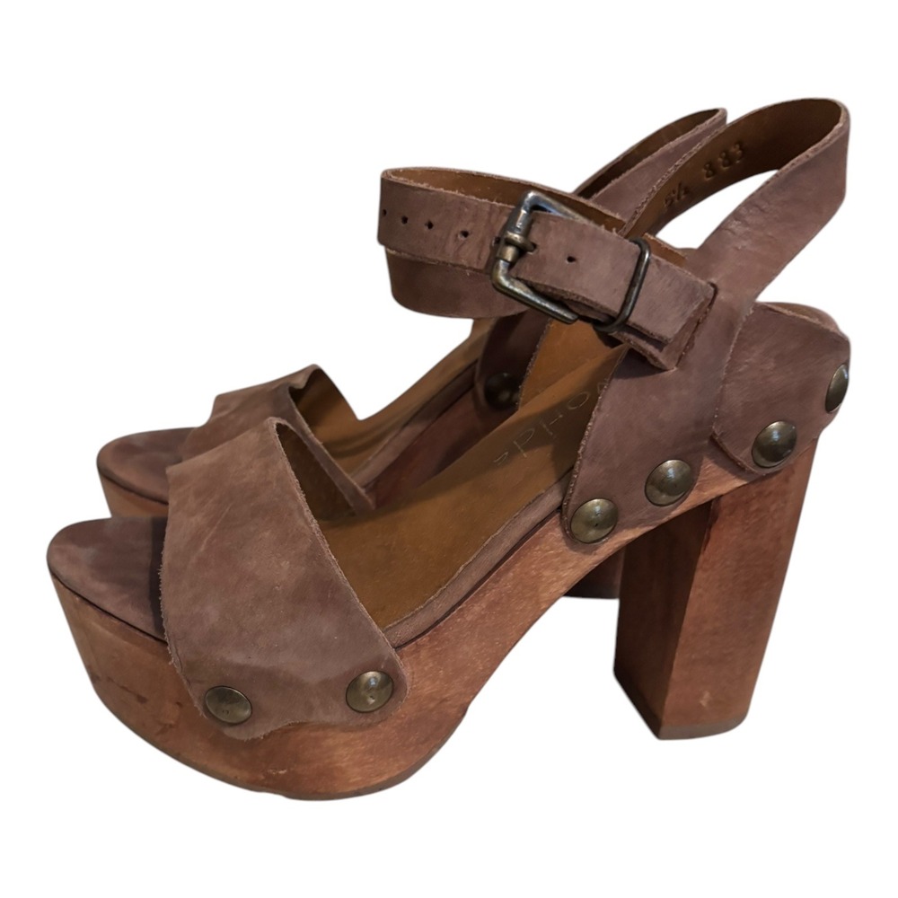 Five Worlds Wooden Platform Sandals Ankle Strap Clogs Brown Heels Size 5.5 - Picture 4 of 6